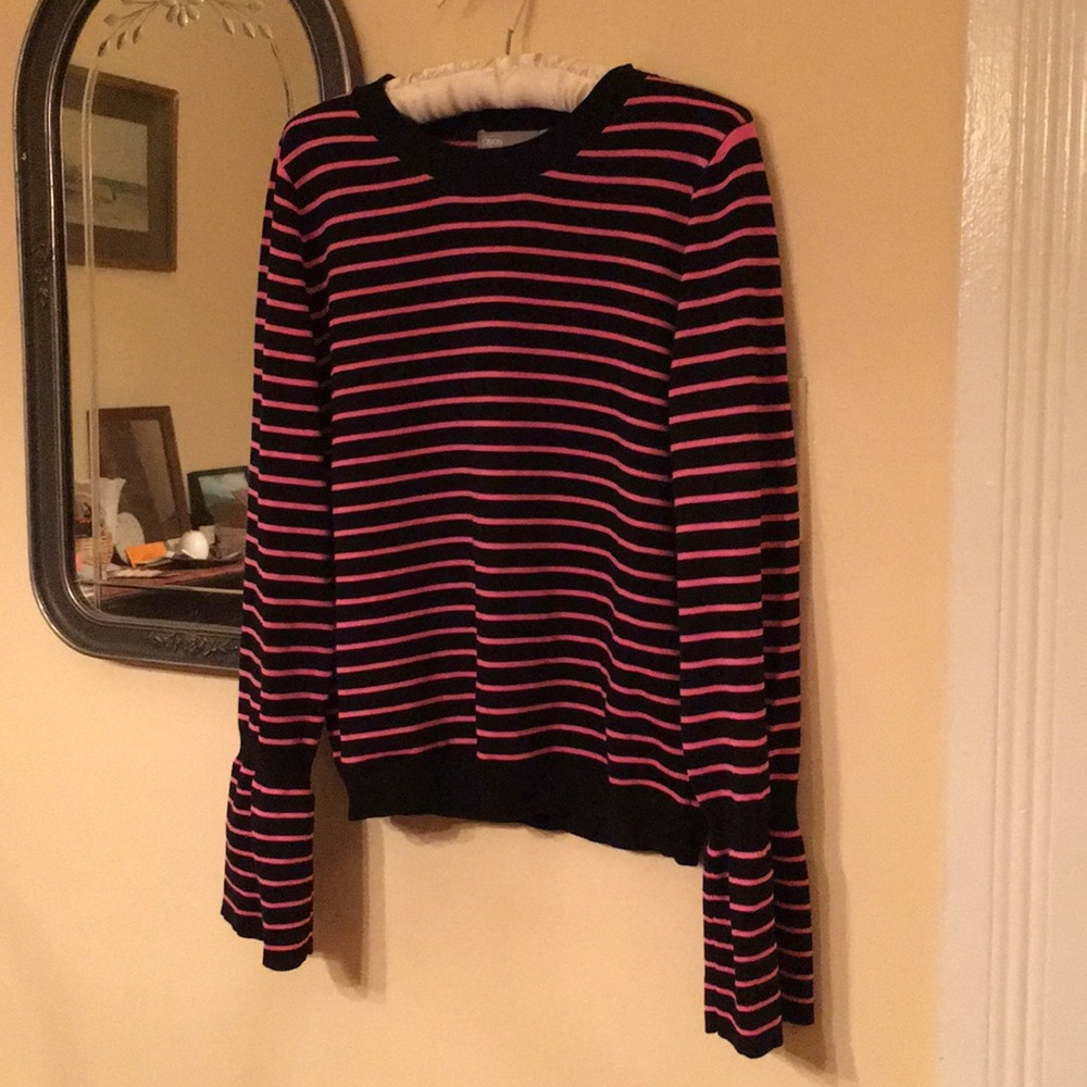 Pink and black striped knit sweater.